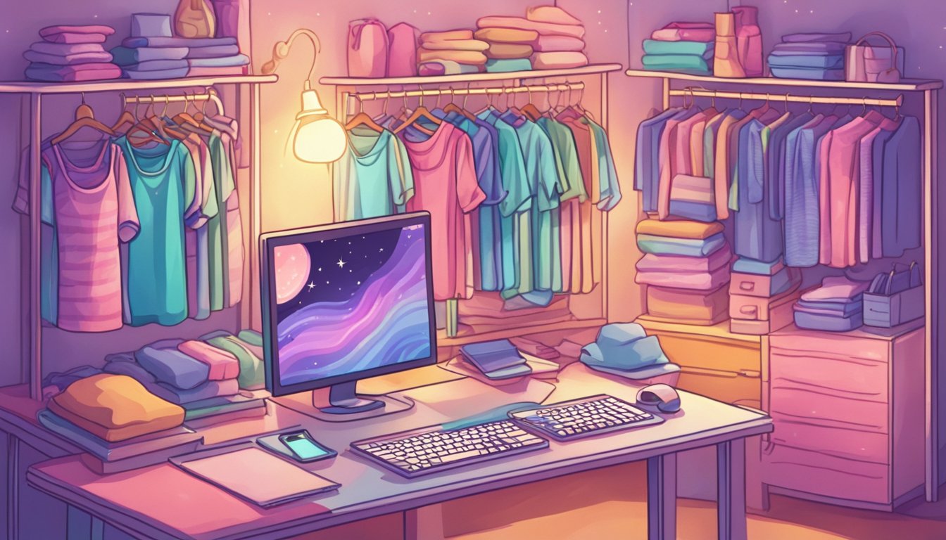 A computer screen displaying an array of colorful nighties with various patterns and styles, surrounded by soft, dreamy lighting