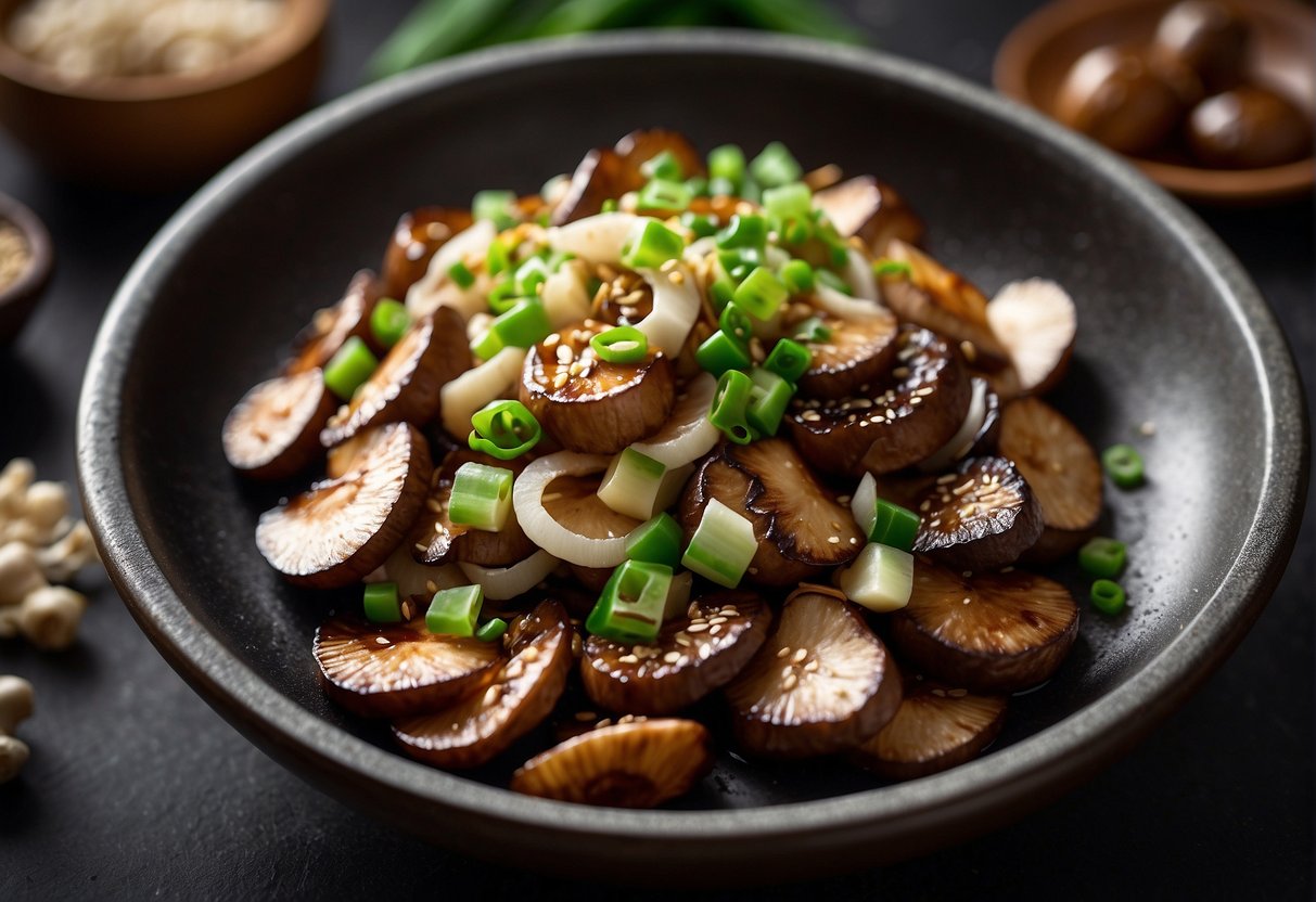 A wok sizzles with sliced shiitake mushrooms, ginger, and garlic in a fragrant sauce. Green onions and sesame seeds garnish the dish