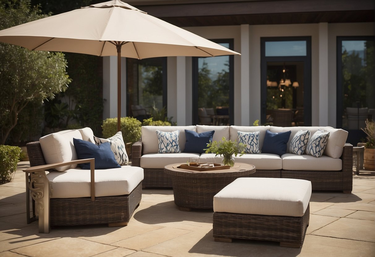 A group of outdoor furniture arranged neatly with Nautica branding. Five-star ratings and positive customer reviews displayed prominently