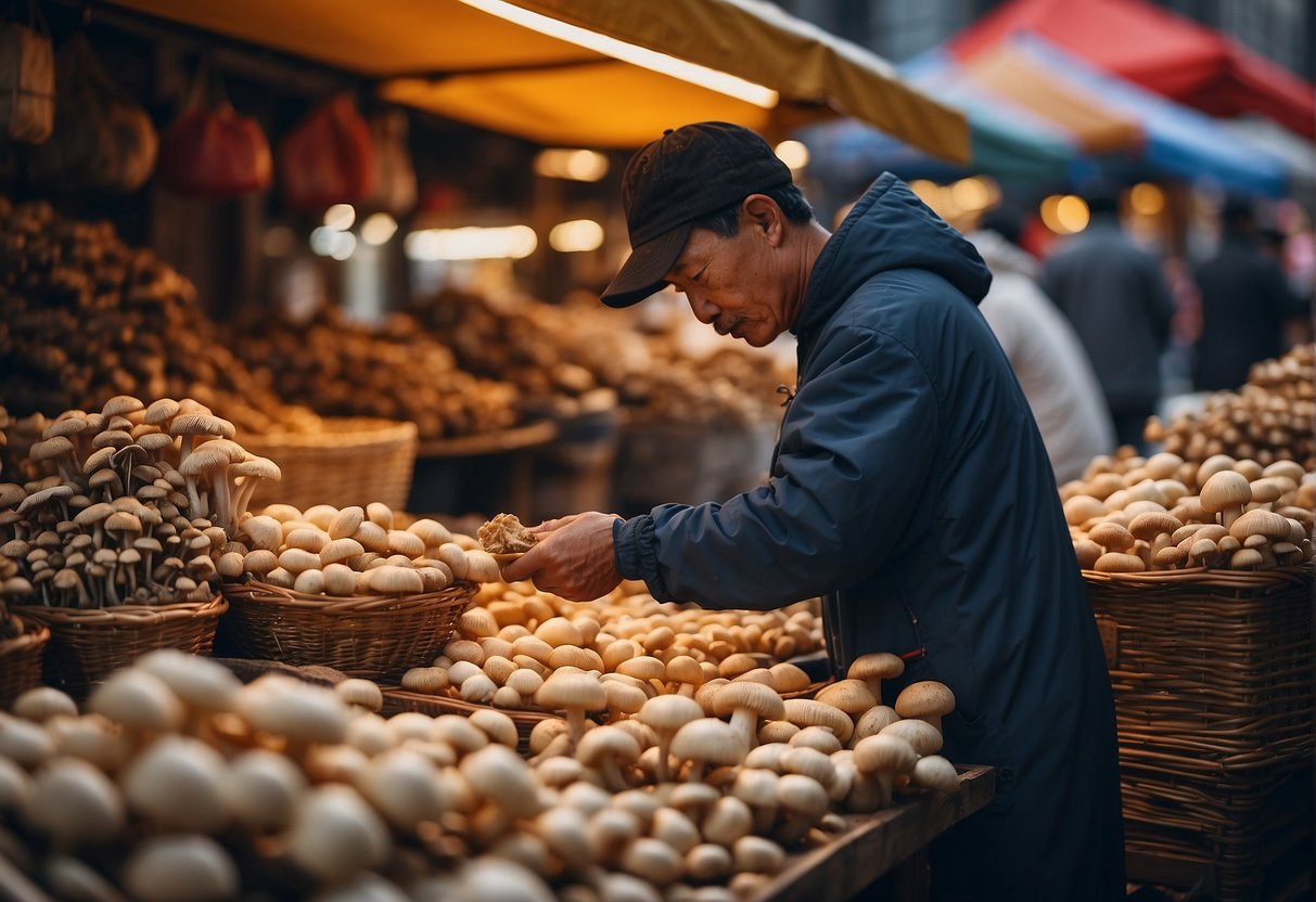 Mushroom vendor carefully selecting fresh Chinese mushrooms from a display at a bustling market
