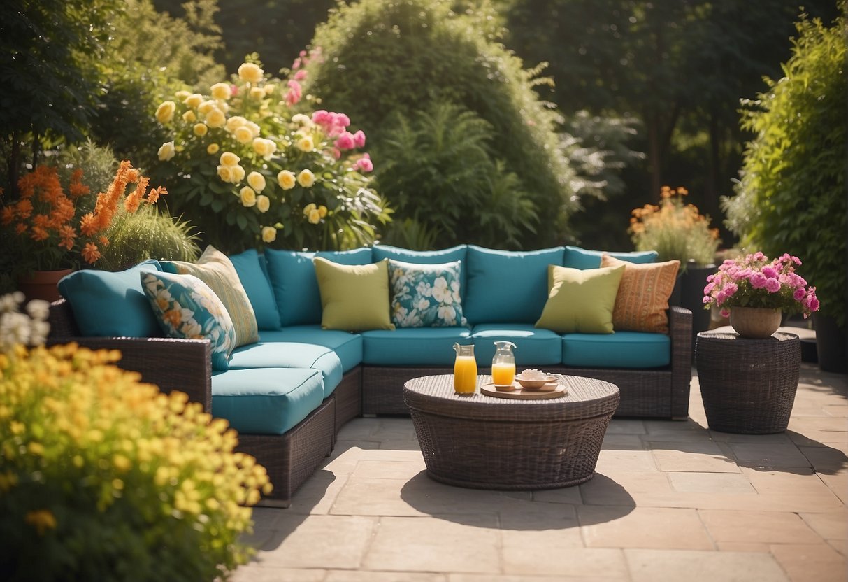 A sunny patio with Nautica outdoor furniture, surrounded by lush greenery and colorful flowers. The furniture is clean and well-maintained, with cushions fluffed and pillows arranged neatly