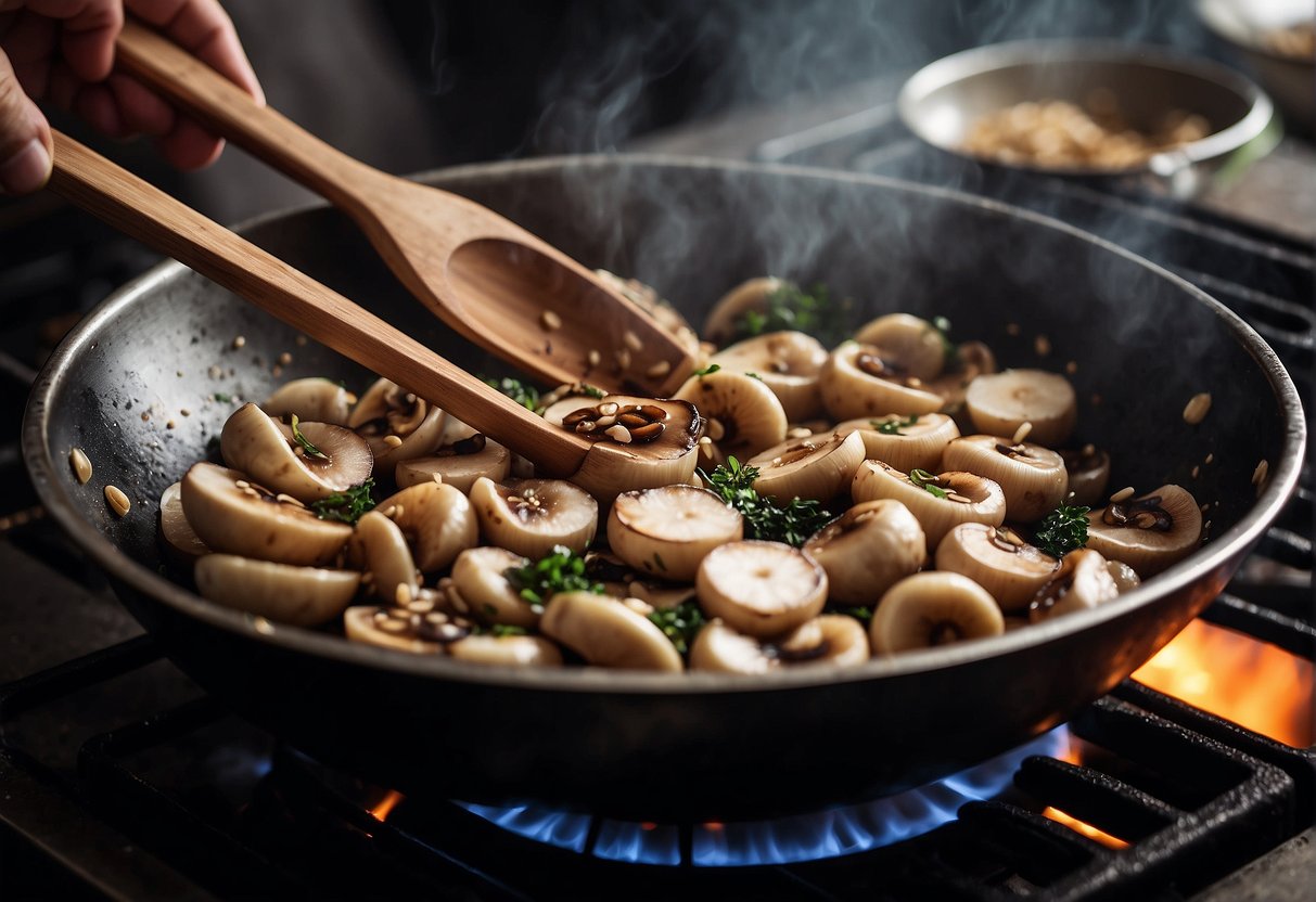 Slicing, marinating, and stir-frying mushrooms with ginger and garlic in a wok