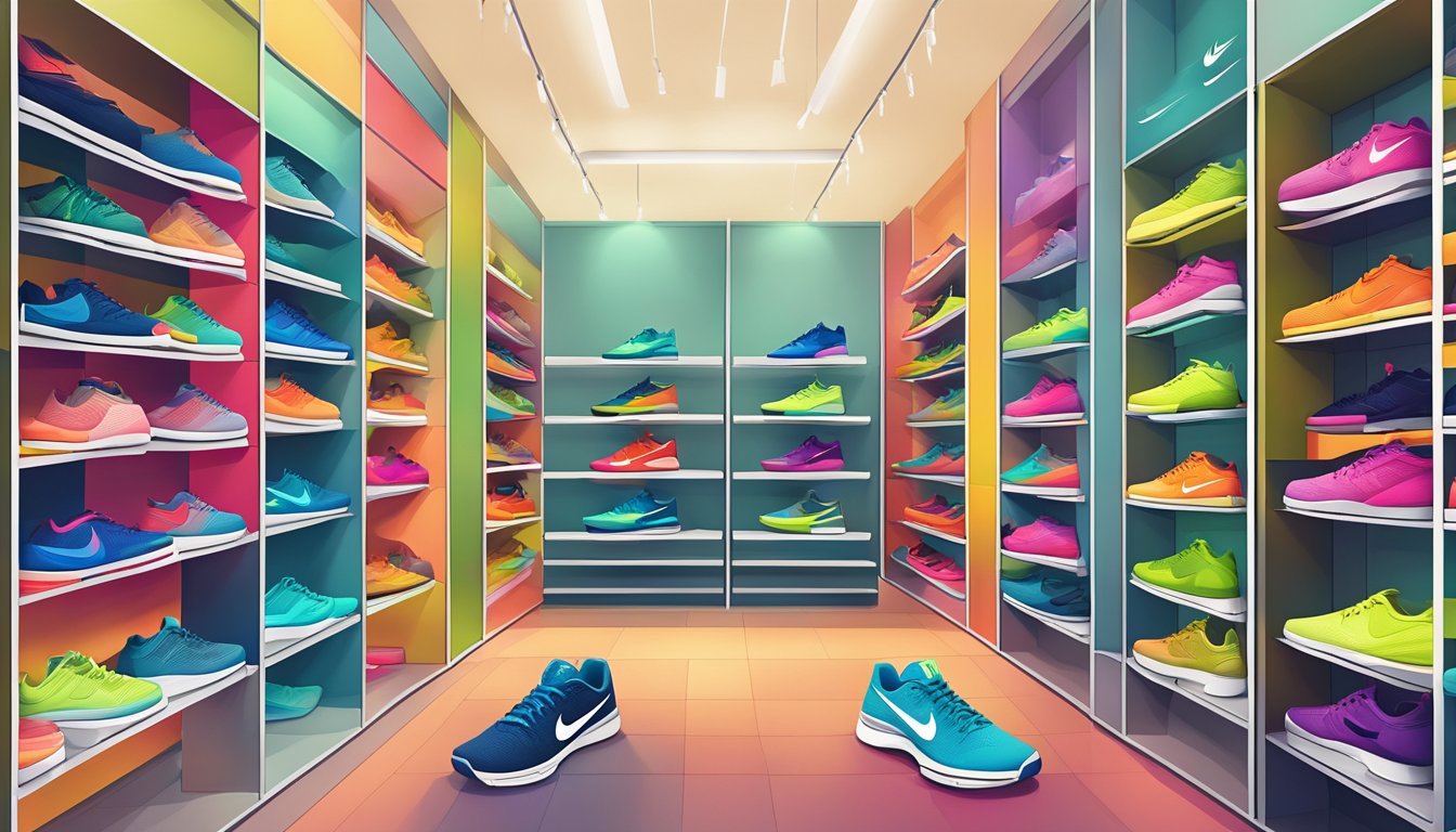 A display of various Nike tennis shoes arranged neatly on shelves, with a vibrant and eye-catching online shopping interface in the background