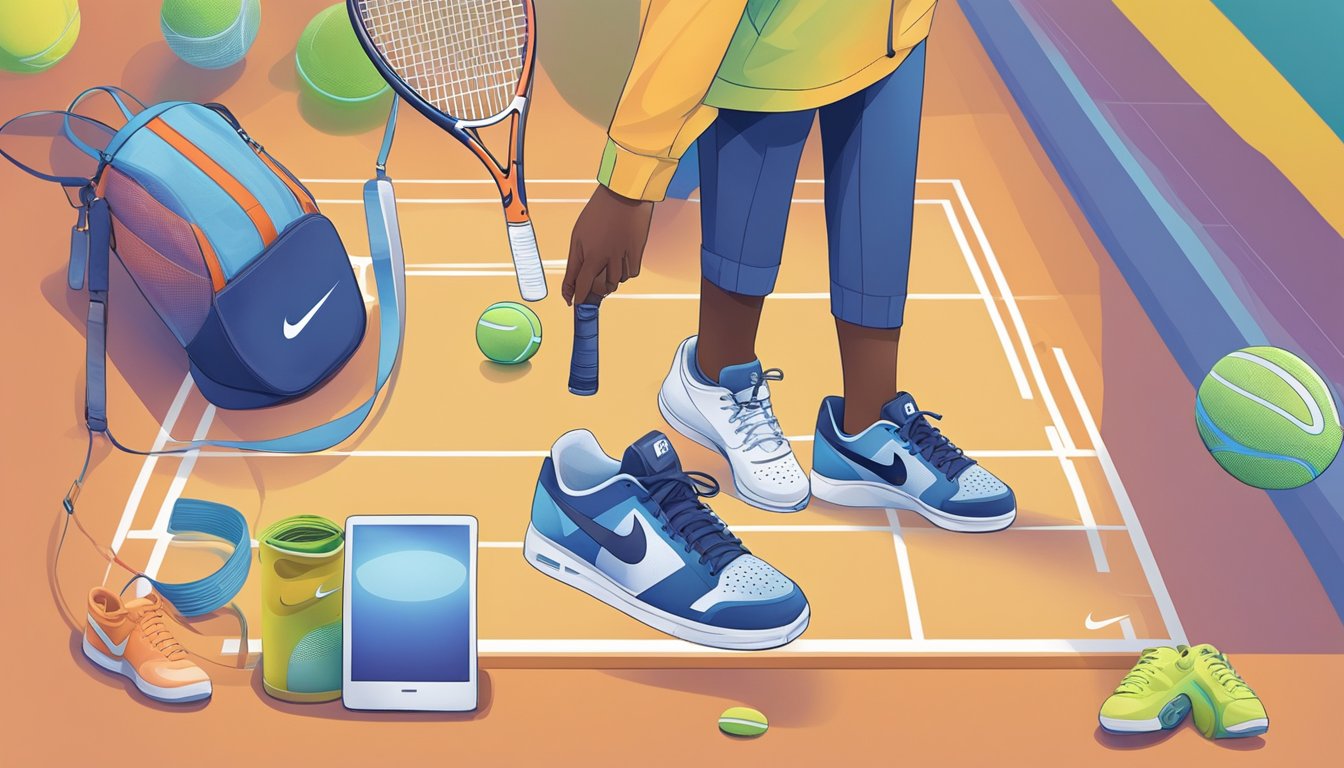 A tennis court with a player wearing Nike tennis shoes, holding a racket and a ball, with a tennis bag nearby, and a computer showing an online shopping website for Nike tennis shoes