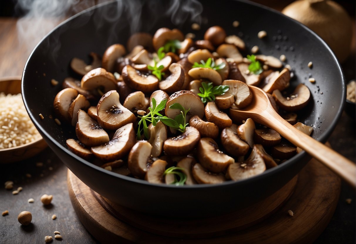Slicing fresh shiitake and wood ear mushrooms, while mixing soy sauce, ginger, and garlic in a bowl. Cooking the mushrooms in a wok with sesame oil and adding the flavorful sauce