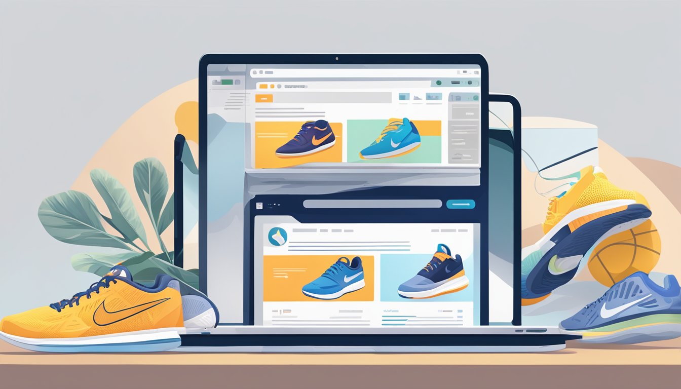 A laptop with a web browser open to a Nike online store, displaying a page with frequently asked questions about buying tennis shoes