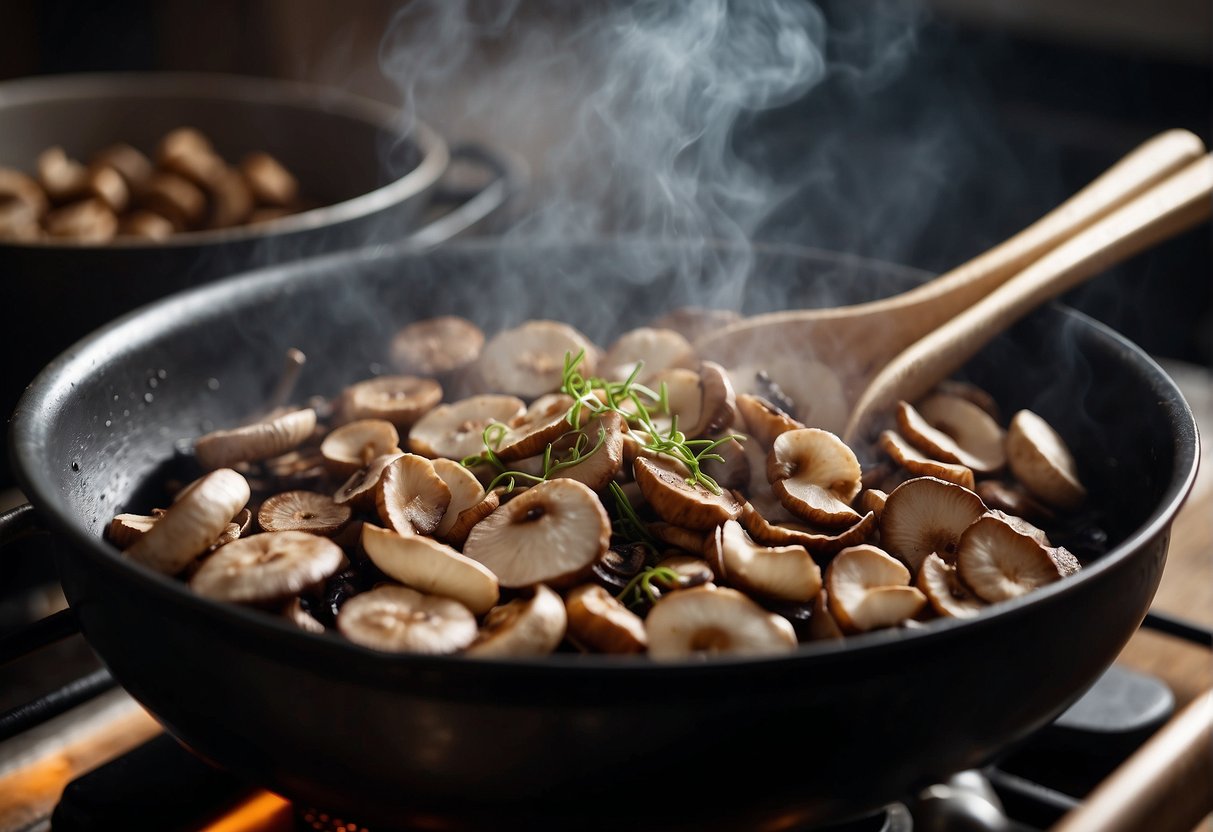 Sautéing sliced shiitake mushrooms in a wok with garlic and ginger. Boiling dried wood ear mushrooms in a pot. Steaming whole shiitake mushrooms in a bamboo steamer