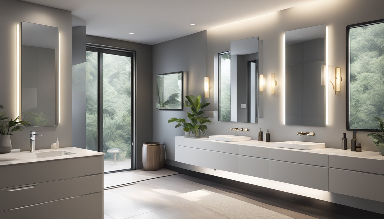 A modern bathroom with a sleek, frameless mirror hanging above a vanity. The mirror reflects the clean, minimalist design of the space