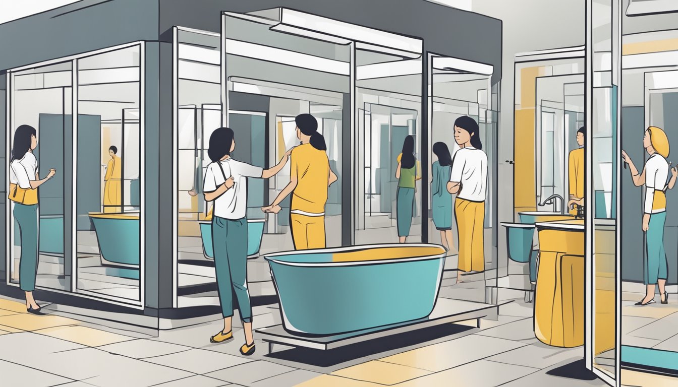 A customer carefully examines various bathroom mirrors in a Singapore store, comparing sizes, styles, and finishes before making a purchase decision