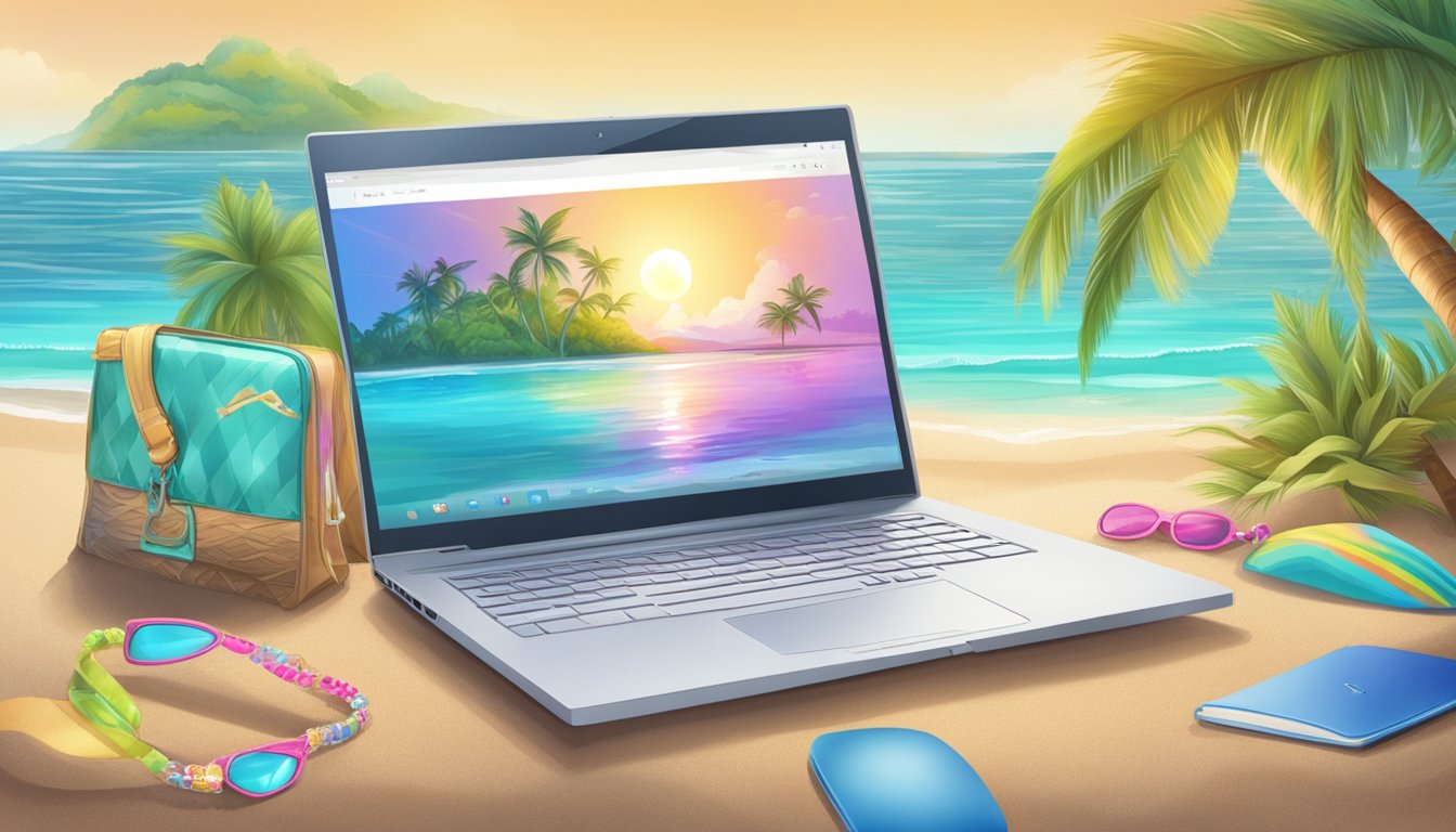 A sandy beach with crystal-clear water, a colorful bikini hanging from a palm tree, and a laptop displaying an online bikini store
