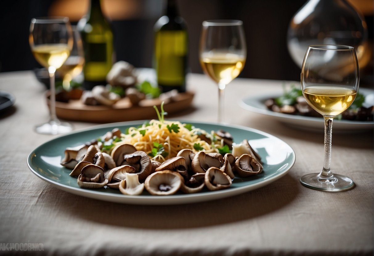 A table set with Chinese mushroom dish and wine