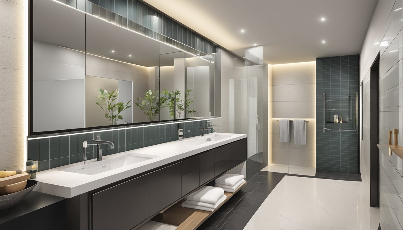 A modern bathroom showroom in Singapore displays a variety of sleek and stylish bathroom mirrors for sale