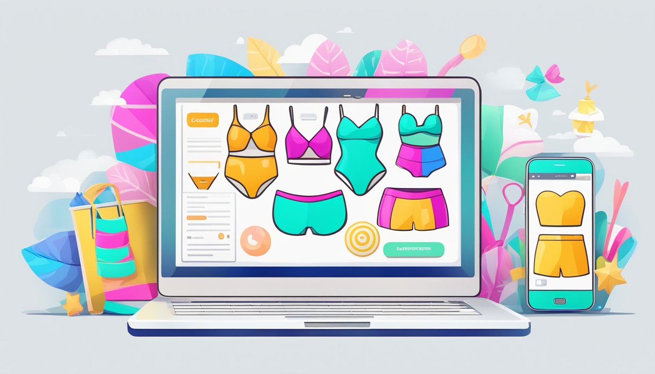 A laptop and smartphone displaying a variety of colorful bikinis, with a smooth checkout process and happy customer reviews