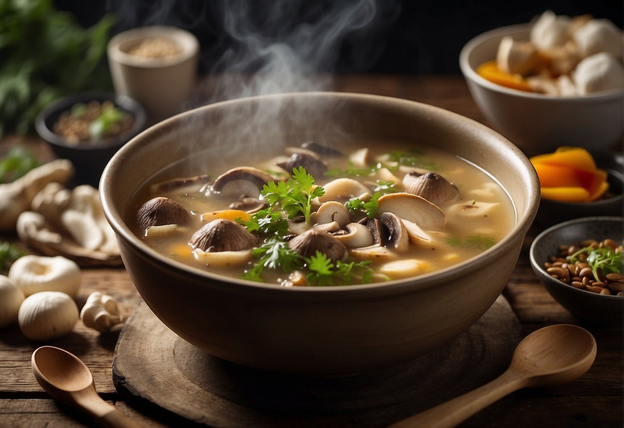 A steaming pot of Chinese mushroom soup sits on a rustic wooden table, surrounded by fresh ingredients and a handwritten recipe card