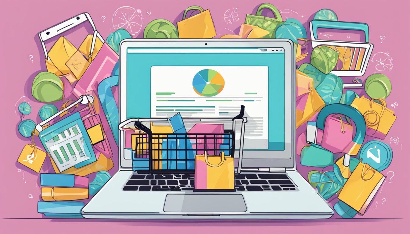 A laptop with a bikini website open, surrounded by question marks and a shopping cart icon