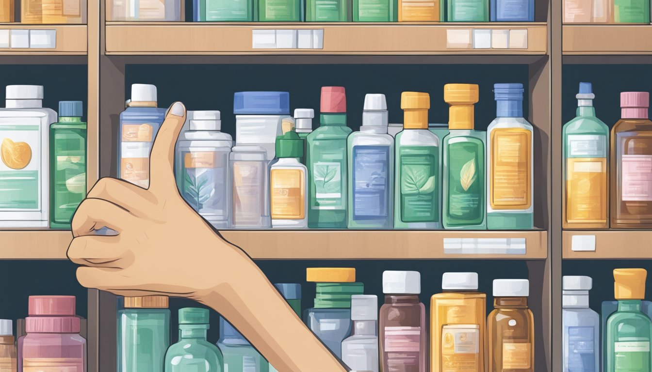 A hand reaching for a bottle of noopept on a pharmacy shelf in Singapore