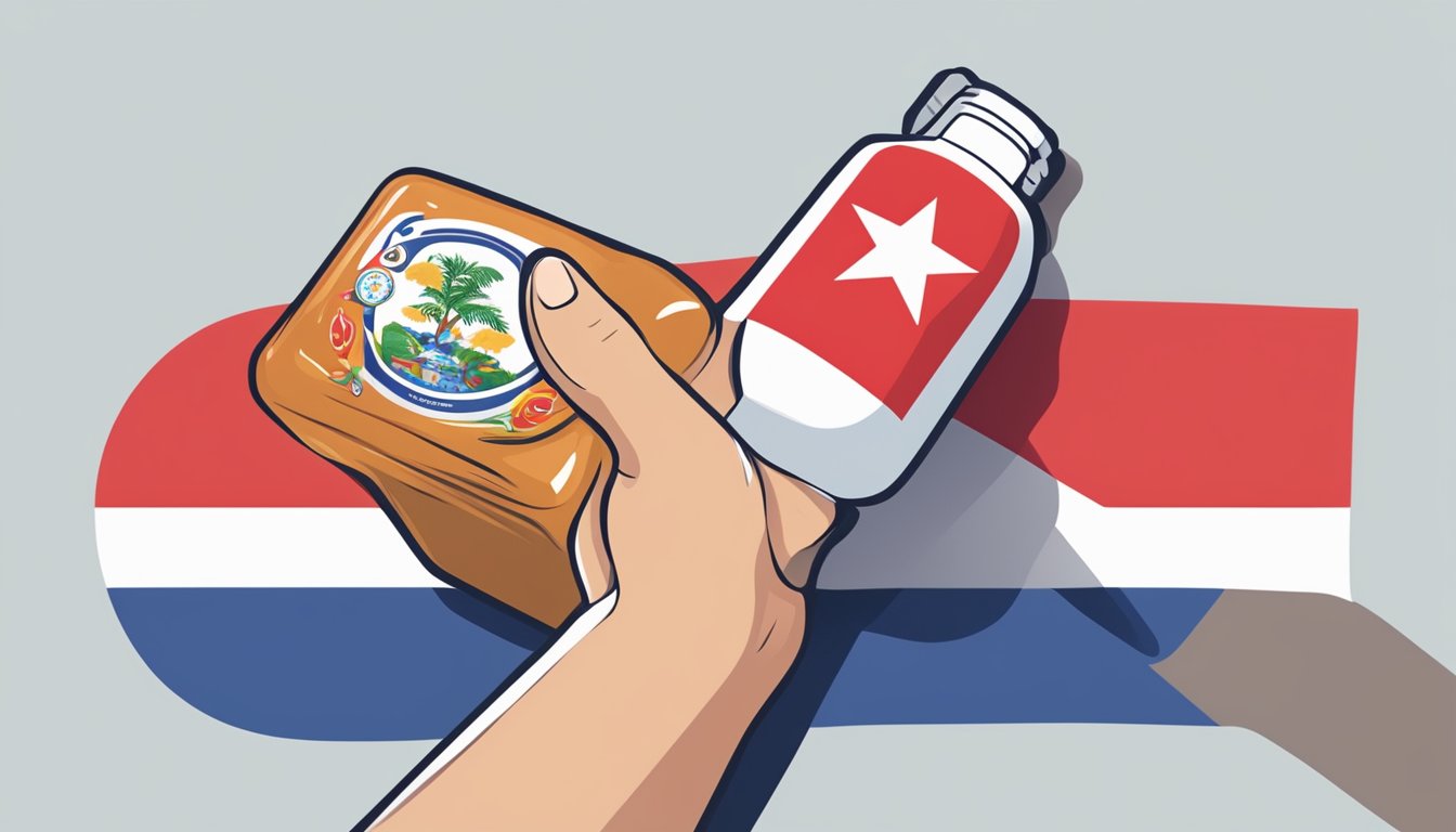 A hand holding a bottle of Noopept with a Singaporean flag in the background