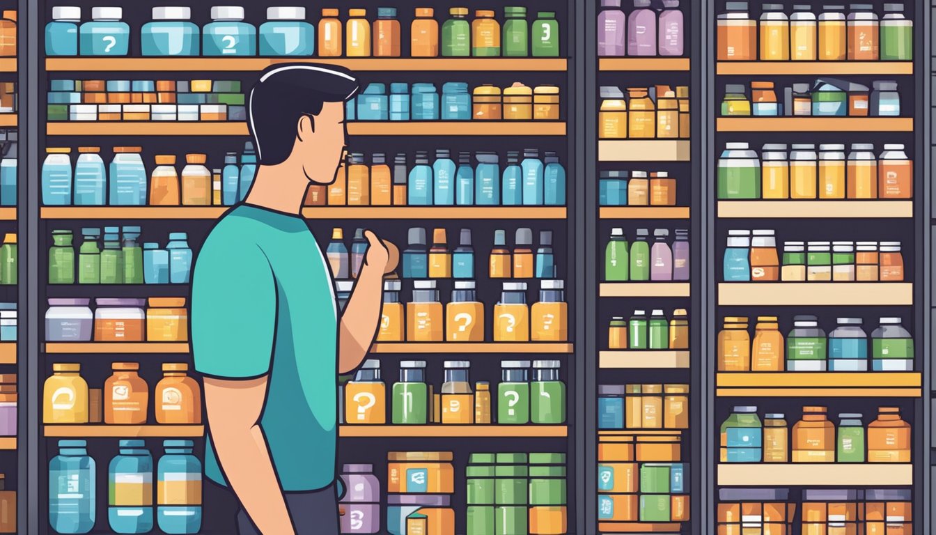 A customer browsing through shelves of supplements with a sign reading "Frequently Asked Questions buy noopept singapore."