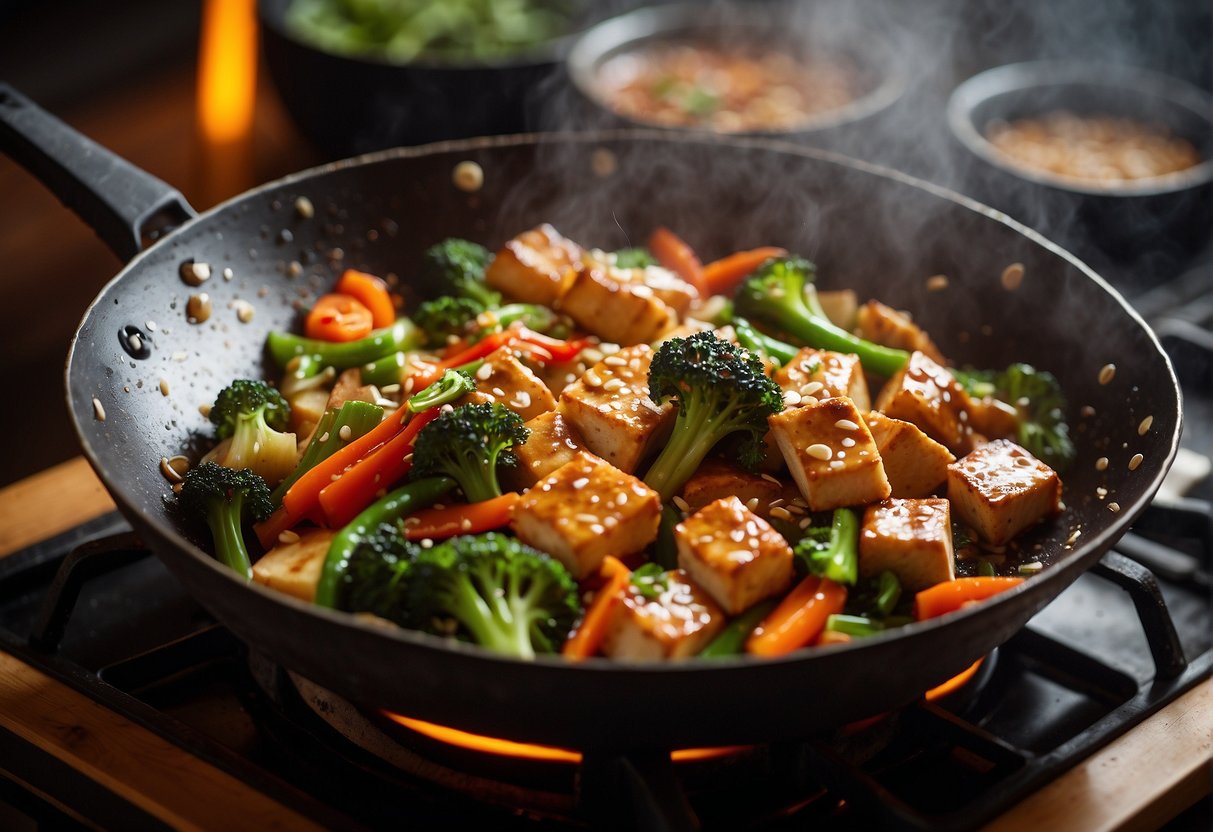 A wok sizzles as it's filled with stir-fried vegetables and tofu, then doused in Chinese plum sauce