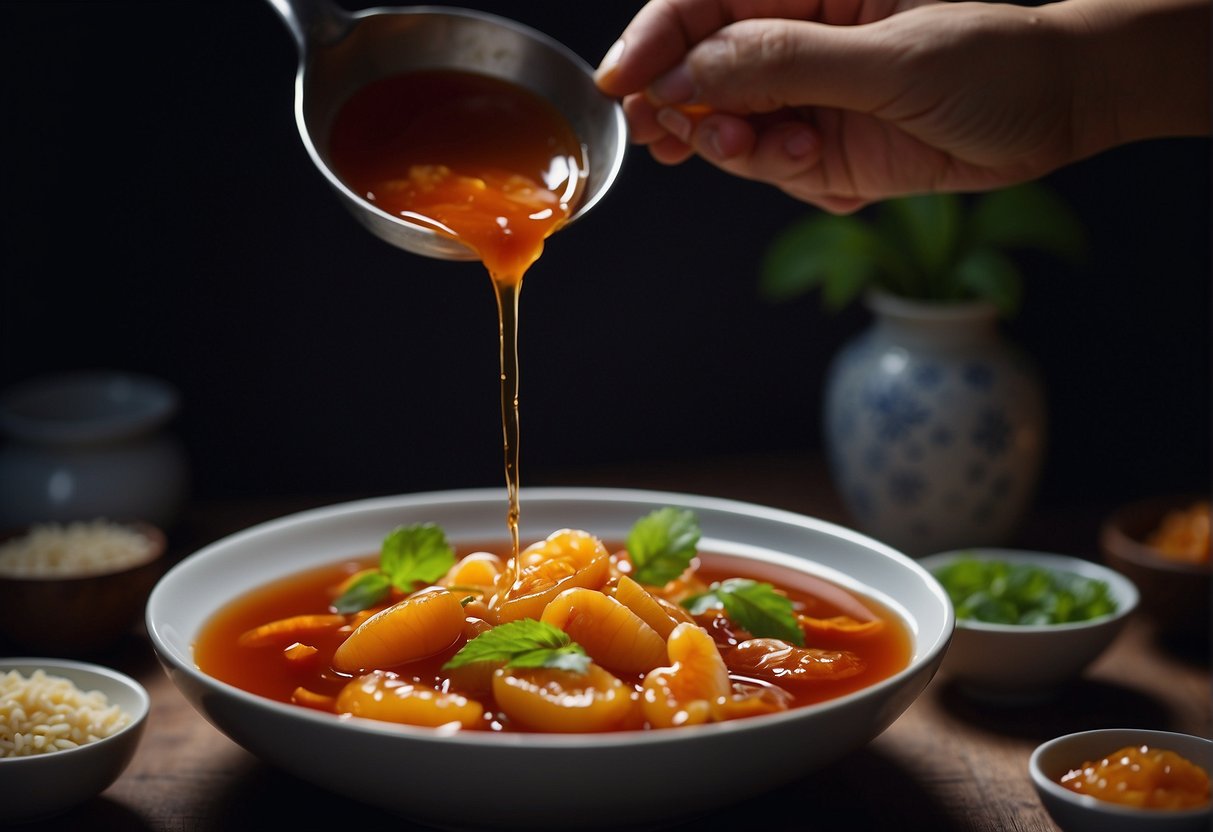 A hand pours Chinese plum sauce into a bowl, surrounded by ingredients and a recipe book