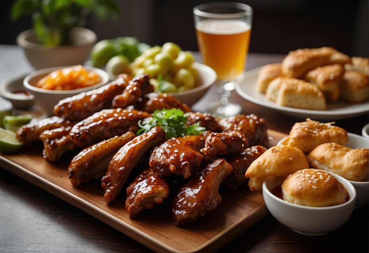 A table spread with various dishes, including chicken wings and pork ribs glazed with Chinese plum sauce, alongside sweet and savory pastries
