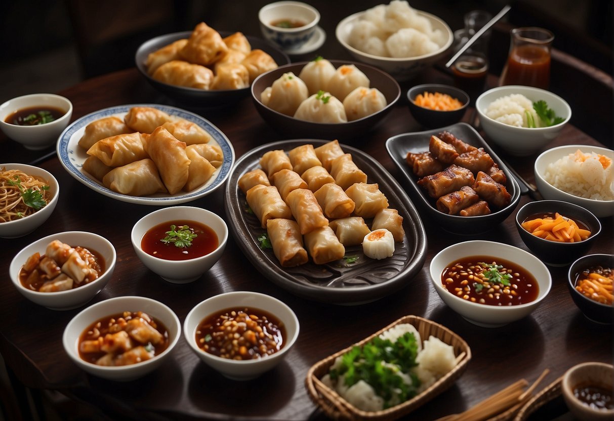 A table spread with various dishes, including spring rolls, dumplings, and grilled meats, all accompanied by small bowls of rich, dark Chinese plum sauce