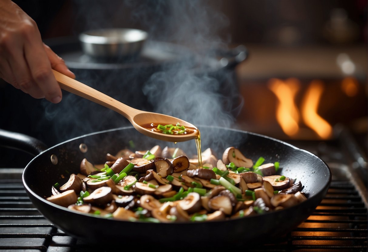 A wok sizzles with sliced shiitake mushrooms, garlic, ginger, soy sauce, and sugar, creating a savory aroma. Green onions and sesame oil wait to be added