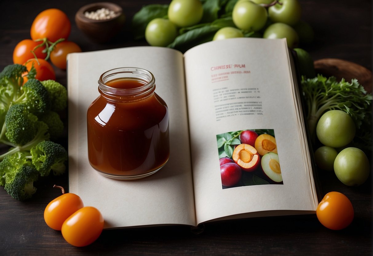 A jar of Chinese plum sauce surrounded by fresh vegetables and a recipe book open to preservation and serving tips
