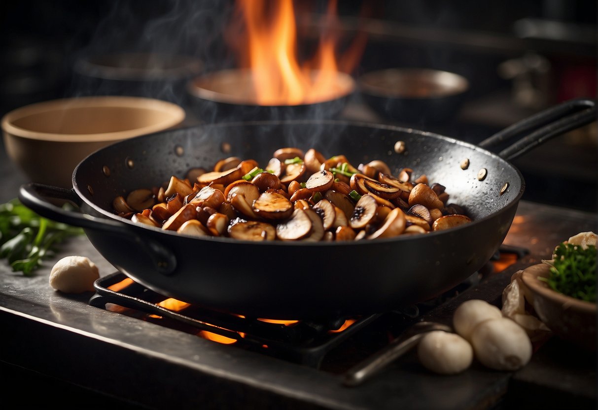 A wok sizzles as Chinese mushrooms and sauce simmer. Ingredients like soy sauce and ginger sit nearby. Textured surfaces add depth