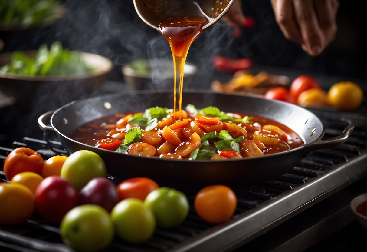 Vibrant red Chinese plum sauce being drizzled over sizzling stir-fry, adding a sweet and tangy flavor to the sizzling dish