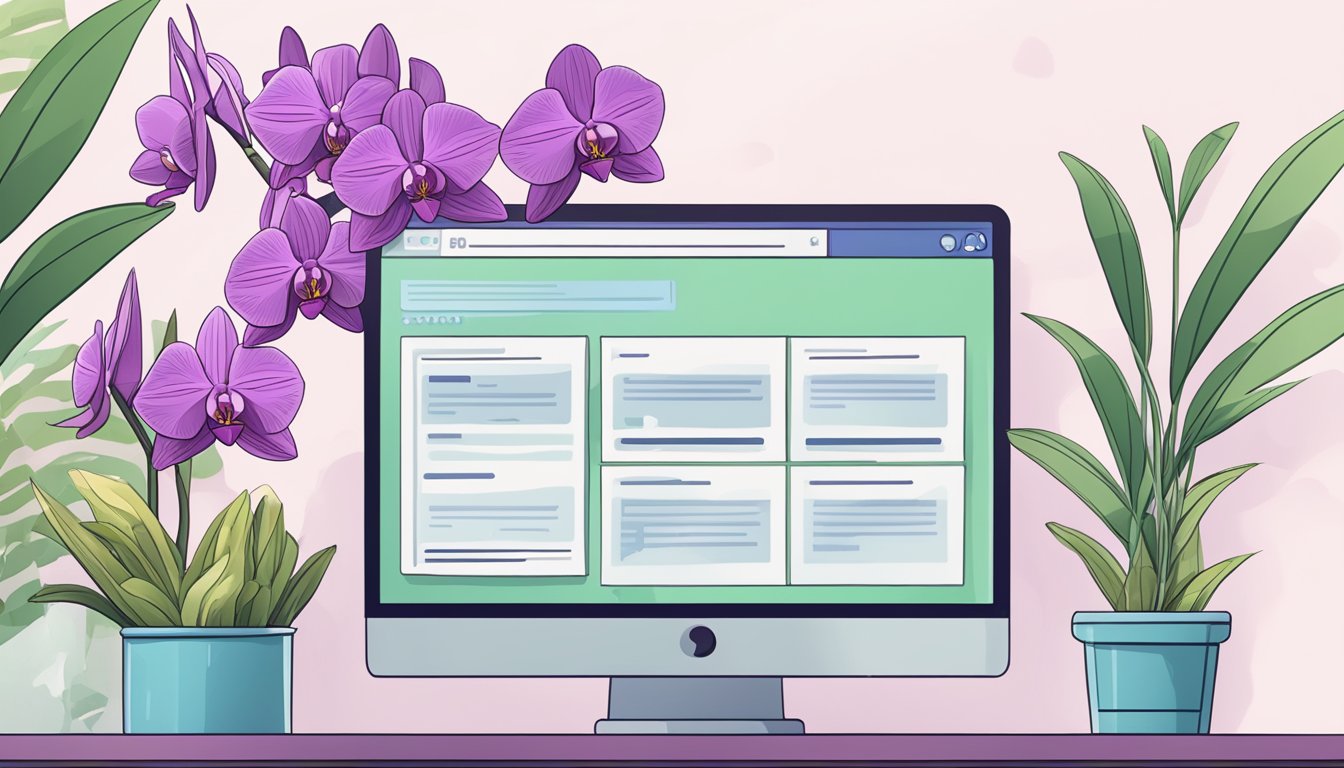 A computer screen displaying a website with a list of frequently asked questions about buying orchids online. A cursor hovers over the FAQ section