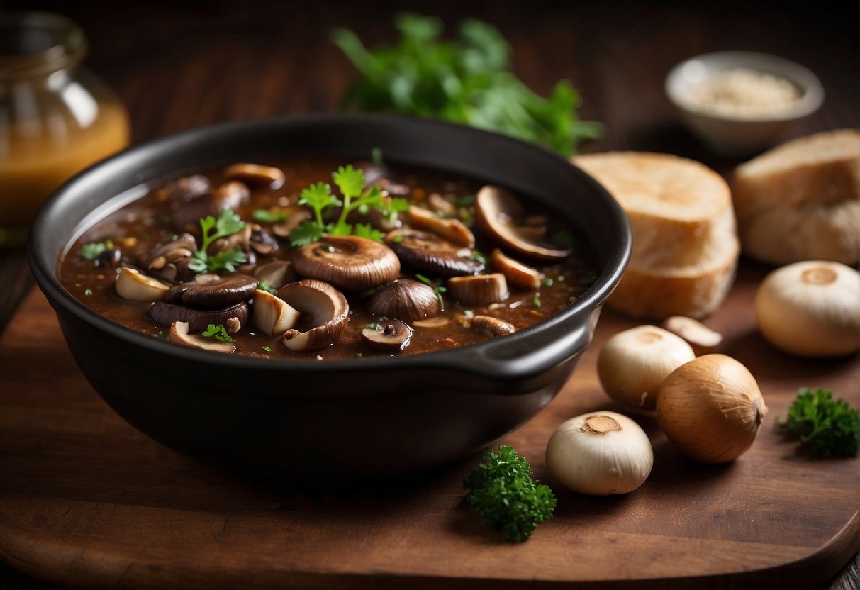A pot simmering with a rich, aromatic mushroom sauce, with fresh Chinese mushrooms and other ingredients on a wooden cutting board nearby
