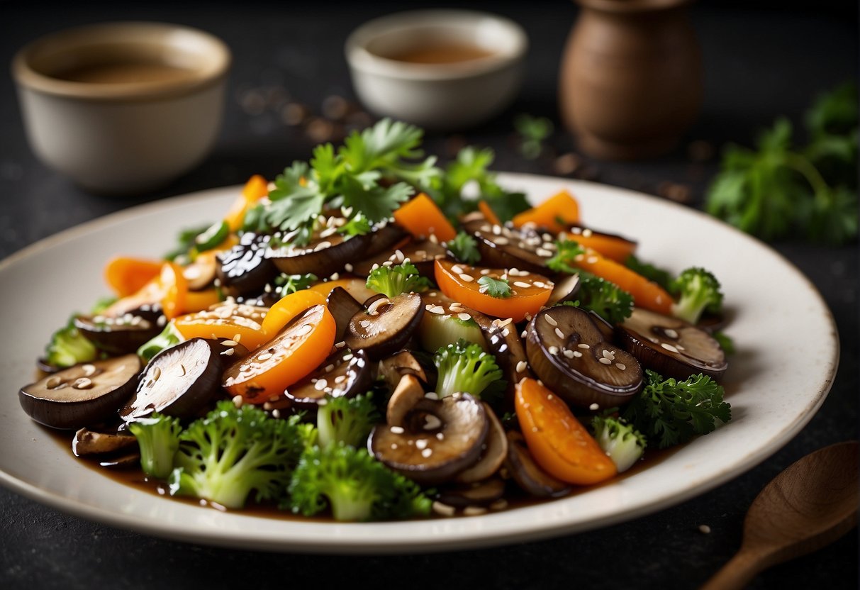 A plate of stir-fried vegetables topped with rich, glossy Chinese mushroom sauce, garnished with sesame seeds and fresh cilantro