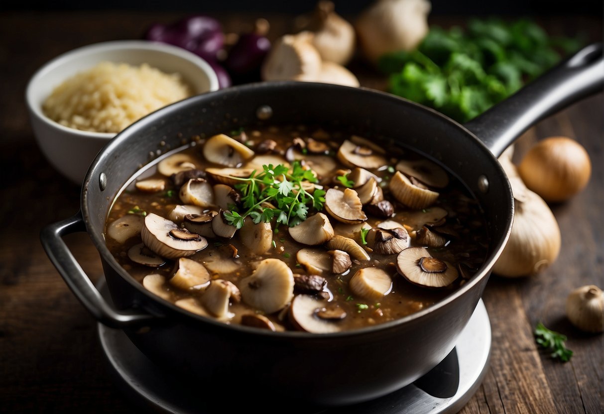 Mushroom sauce simmering in a pot, with ingredients like soy sauce, garlic, and ginger on a kitchen counter