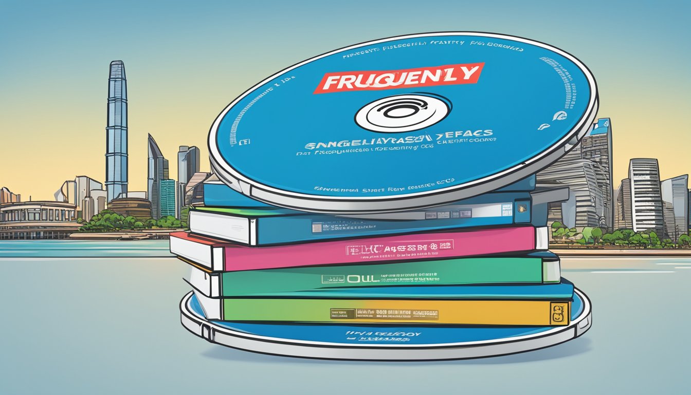 A stack of Blu-ray discs with "Frequently Asked Questions" label, surrounded by Singaporean landmarks and symbols