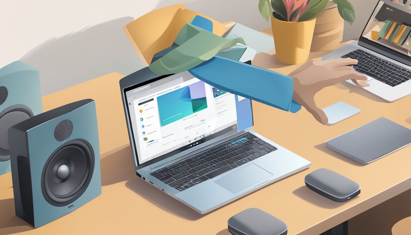 A hand reaches for a laptop, with a browser open to a Bose speakers online store. Bose speakers are displayed on the screen