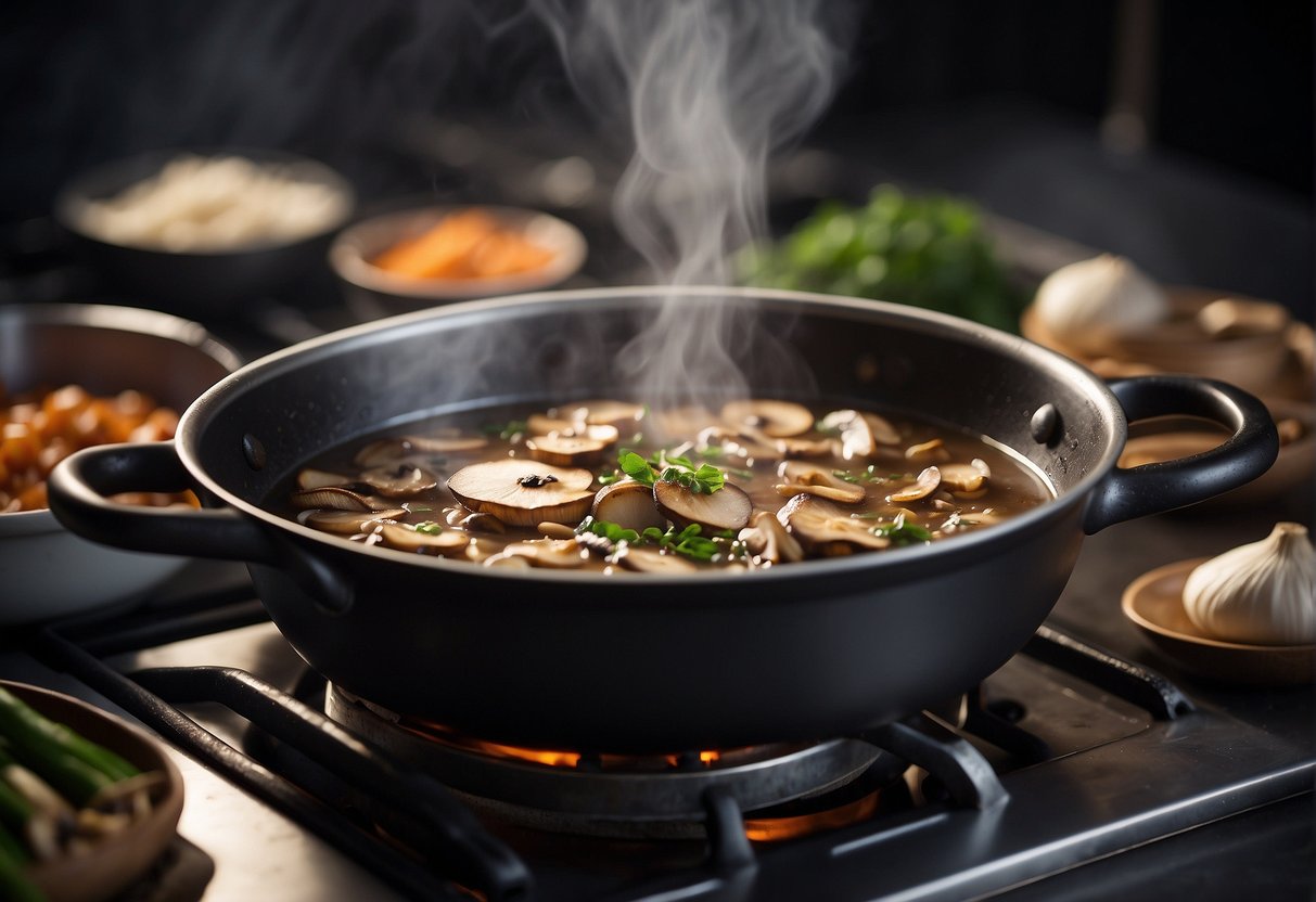 A steaming pot of Chinese mushroom sauce simmers on a stovetop, surrounded by various ingredients and cooking utensils. The aroma of garlic and soy sauce fills the air