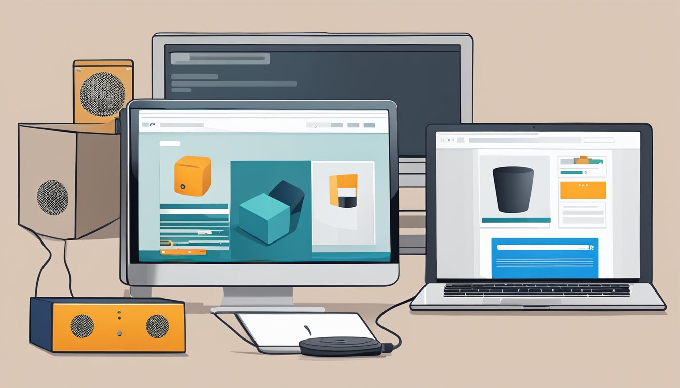 A computer screen displaying a website with a shopping cart icon and the Bose speakers selected for purchase