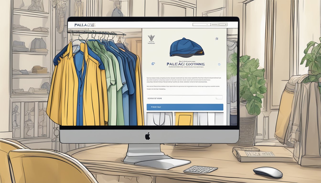 A computer screen displaying the Palace Clothing website, with a cursor clicking on the "buy palace clothing online" button