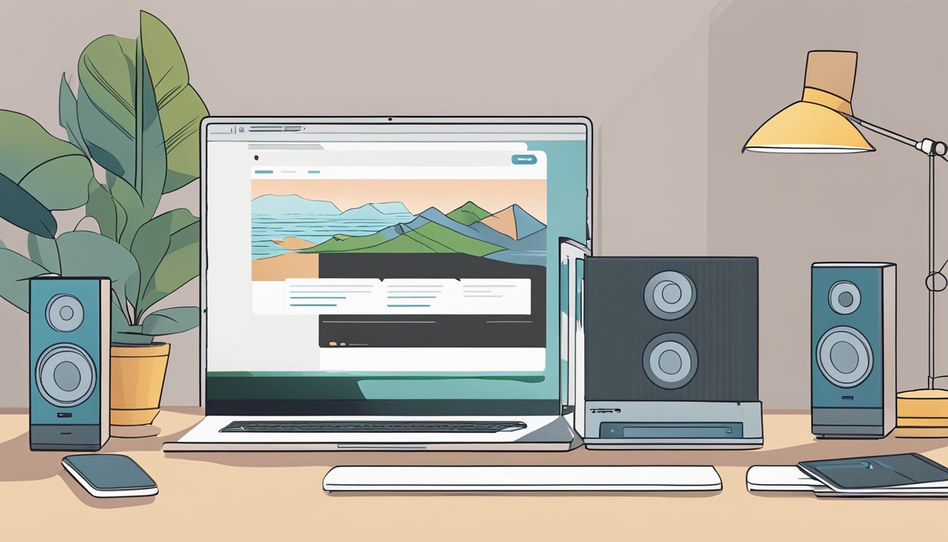 A laptop displaying a webpage with "Frequently Asked Questions buy bose speakers online" while a pair of Bose speakers sit next to it