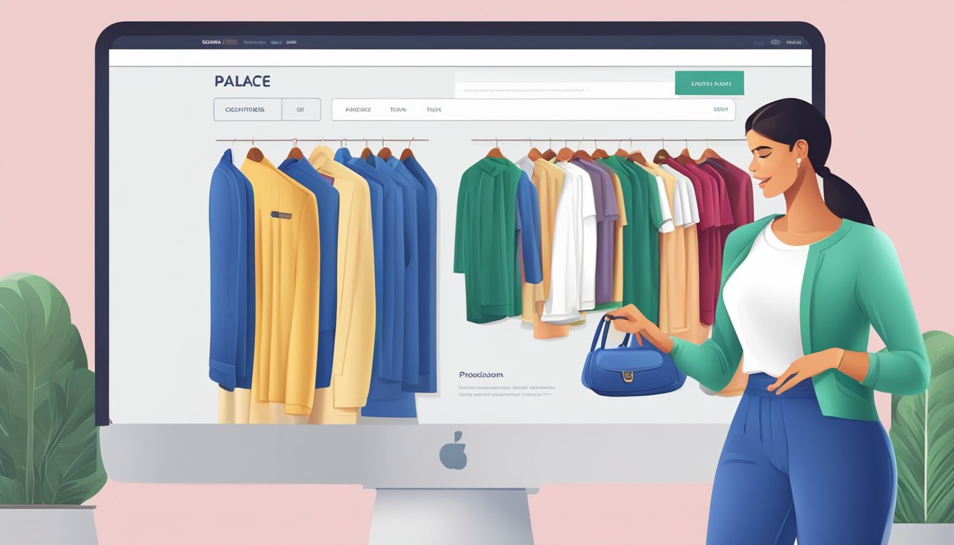 Customers browsing online, selecting palace clothing. FAQ section visible, providing answers. Clean and modern website layout