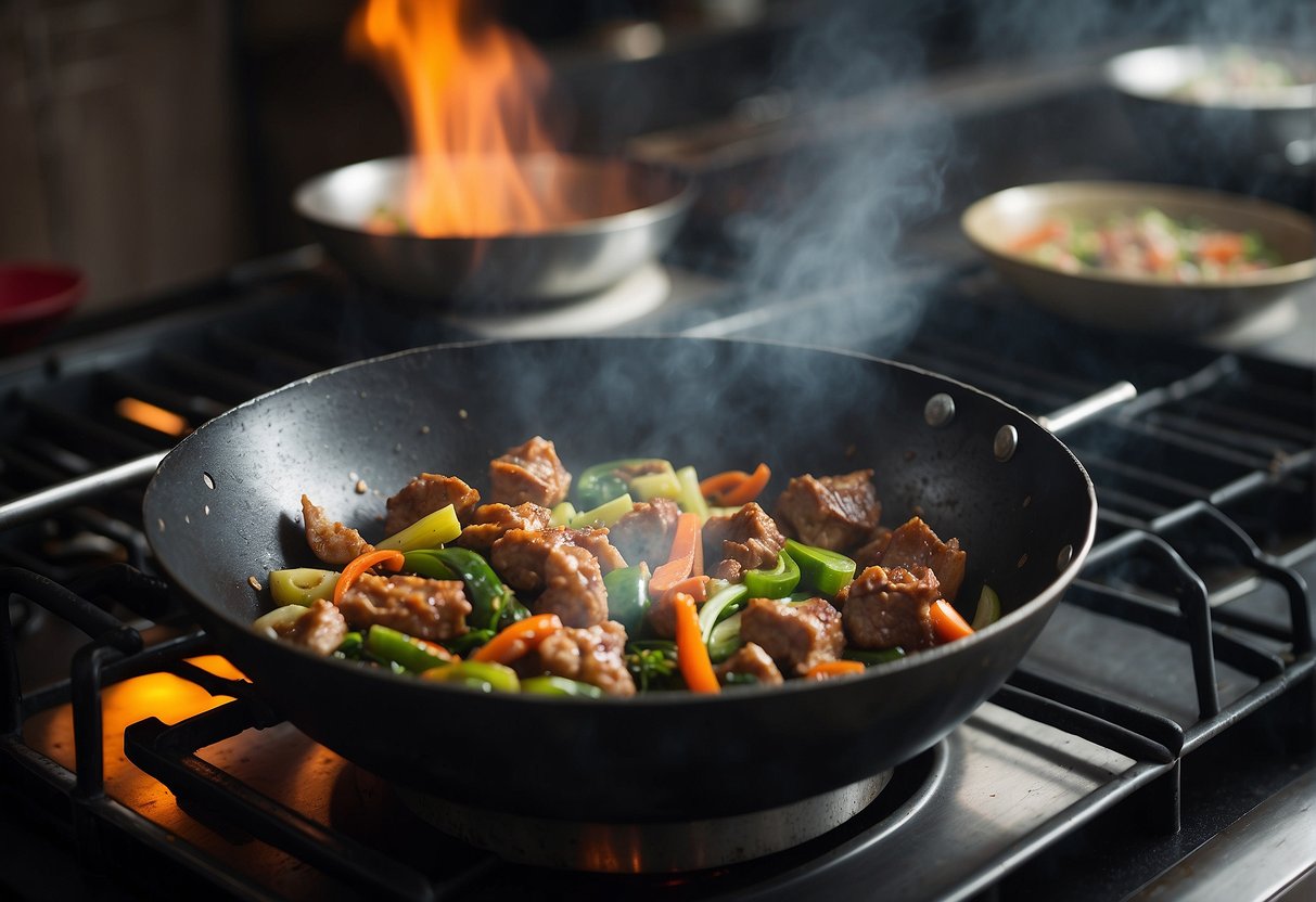 A wok sizzles with stir-fried pork and Chinese preserved vegetables, steam rising as the savory aroma fills the kitchen