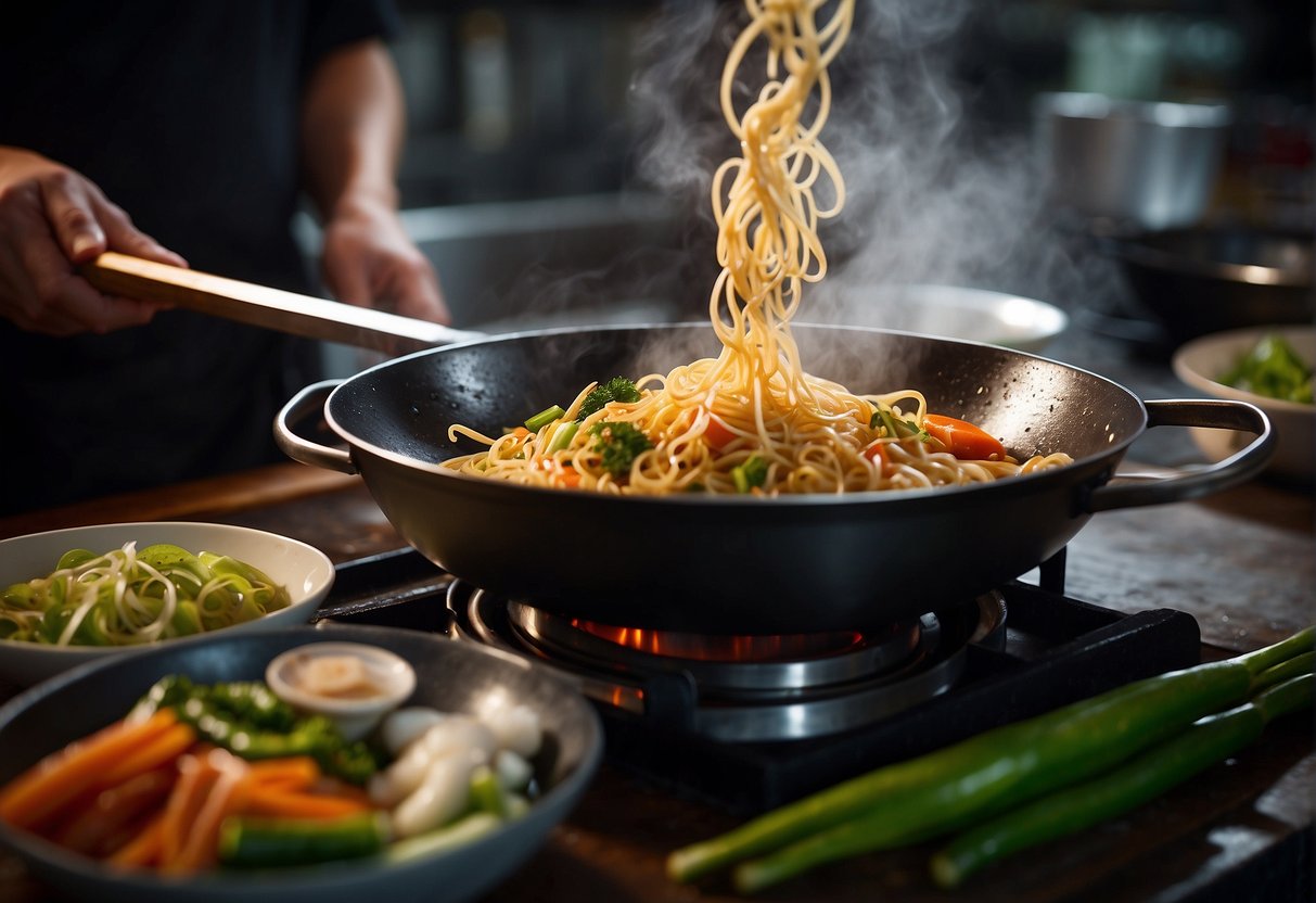 A wok sizzles as fish sauce is added to a stir-fry. A bowl of steaming noodles sits nearby, while a chef's knife slices fresh vegetables