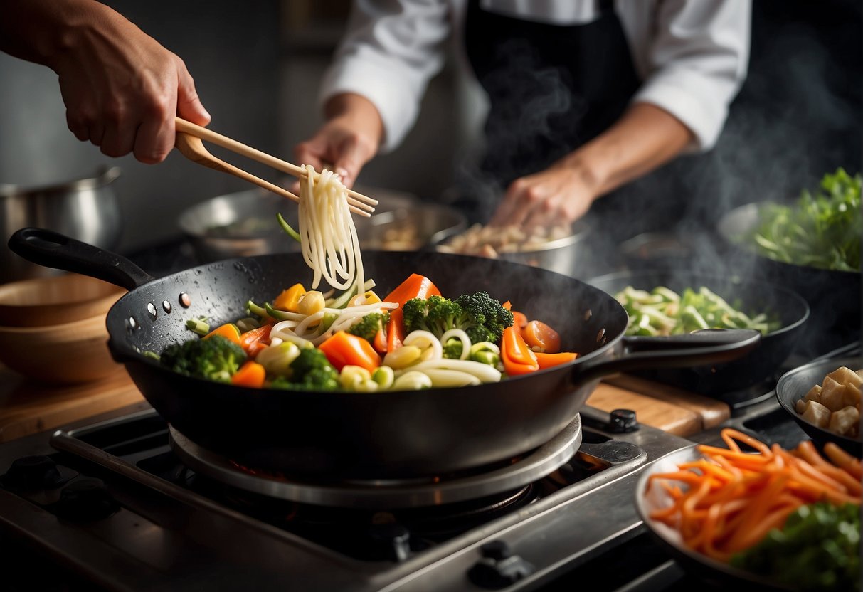A chef adds Chinese preserved vegetables to a sizzling wok, releasing a savory aroma. Ingredients surround the chef, ready for incorporation into recipes