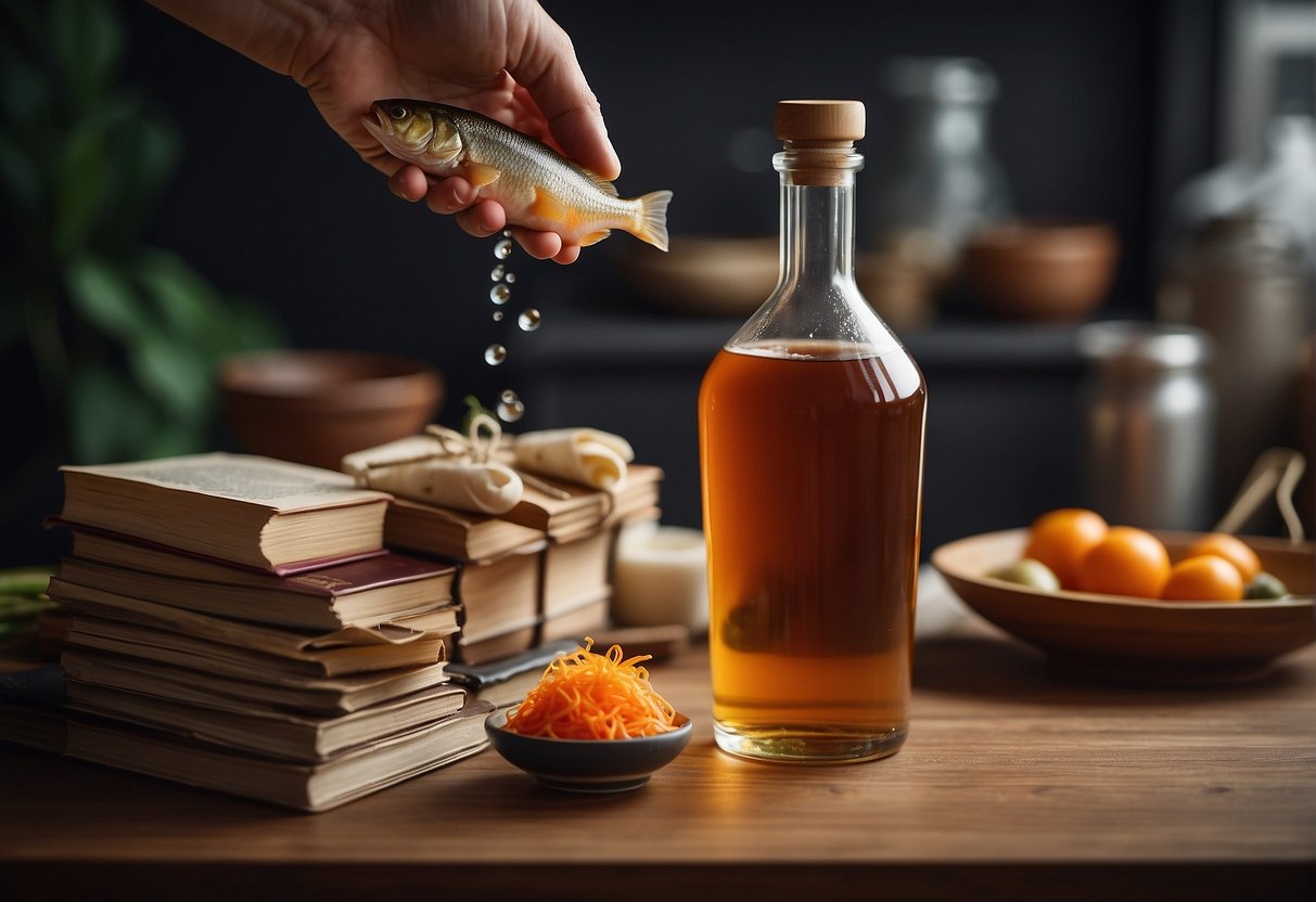 A hand reaches for a bottle of fish sauce next to a stack of Chinese fish recipe books. Ingredients and cooking utensils are scattered on the counter