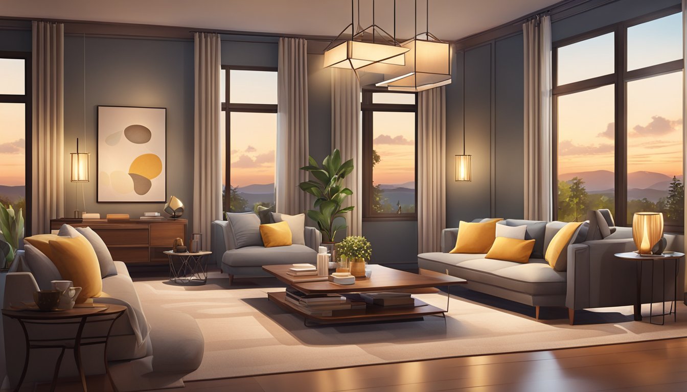 A cozy living room with two elegant pendant lights hanging above a stylish coffee table. The warm glow of the lights creates a welcoming atmosphere