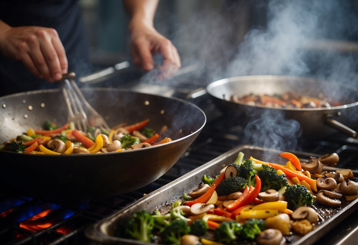 A wok sizzles with stir-fried Chinese mushrooms and vegetables, steam rising, as a chef adds savory seasonings