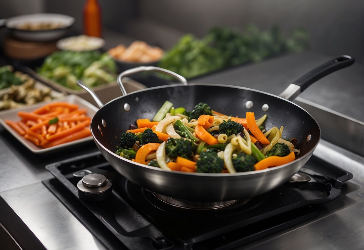 A wok sizzles with stir-fried Chinese preserved vegetables. A pot simmers with braised preserved vegetables. A chef's knife slices pickled vegetables for a salad
