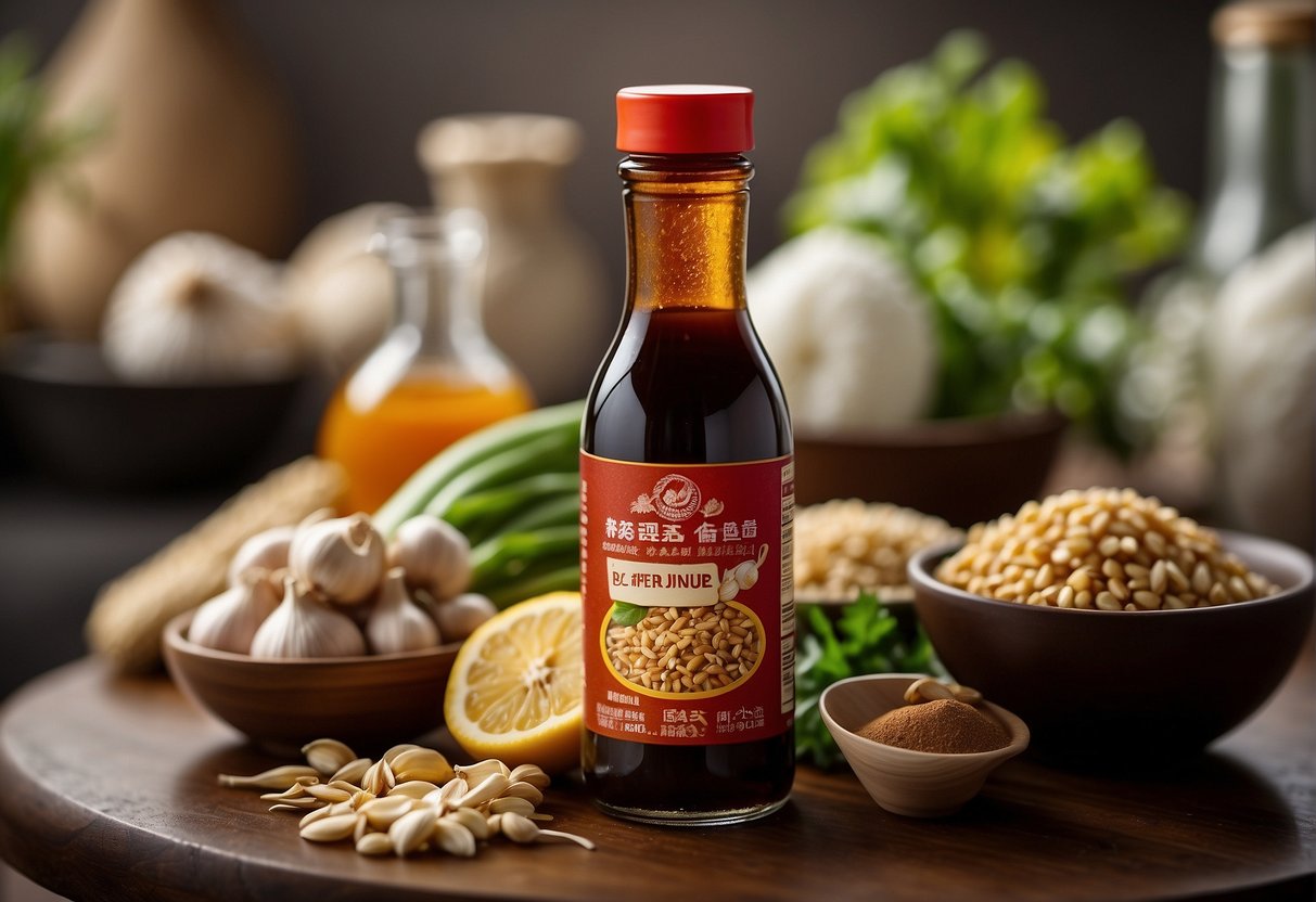 A bottle of fish sauce surrounded by various ingredients like garlic, ginger, soy sauce, and vinegar. A list of substitute options is displayed next to each ingredient
