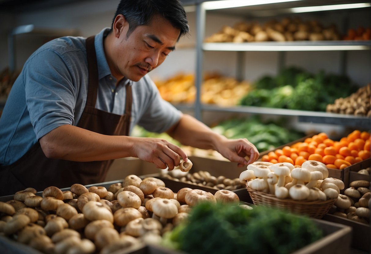 An individual picking out Chinese mushrooms and vegetables for a recipe